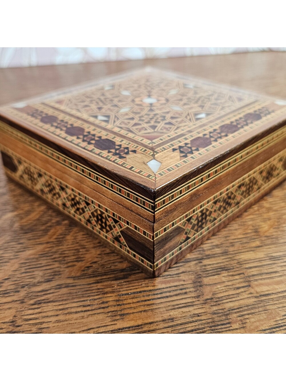 Vintage Damascus Mosaic Wood Jewelry Box Mother of Pearl Inlay 5 Inch - Picture 7 of 14